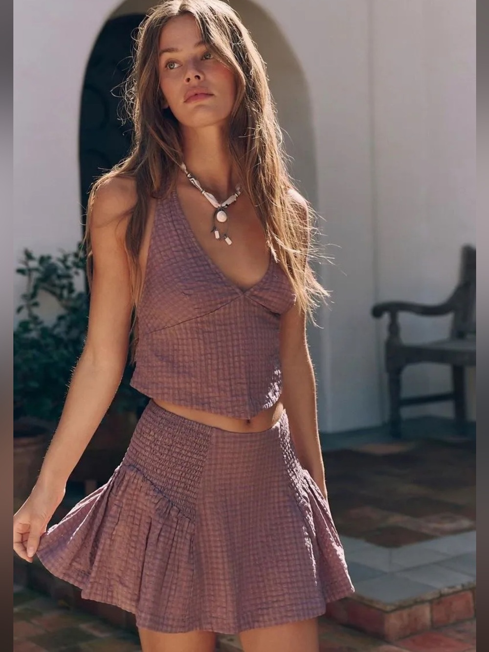 NWT Free People free-est Drew Pucker Check Halter Skirt Set Large Plum Dust